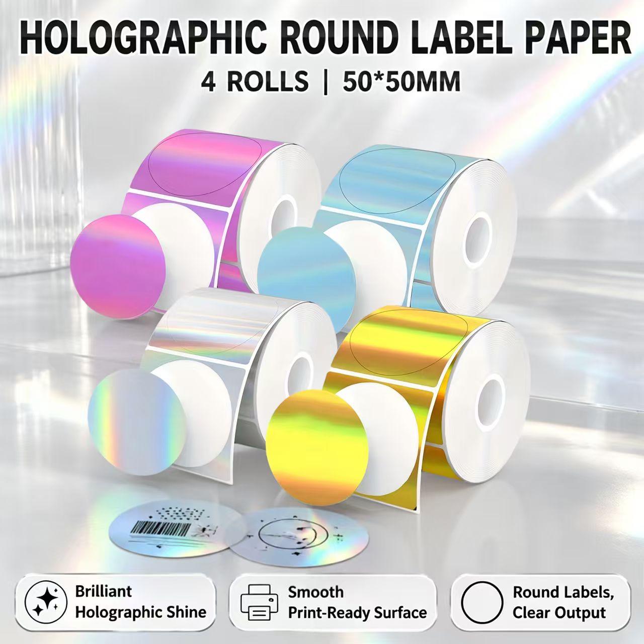 Round Sticker Thermal Labels Colored - 4 Rolls of Full-Color Laser Holographic